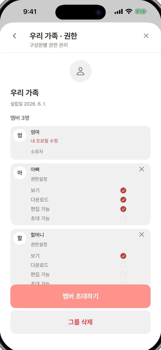 우리 가족 권한 화면 — 아빠는 보기·다운로드·편집 가능, 할머니는 보기만 켜져 있다